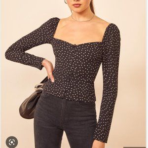 Reformation Rosaly Top in Black Polka Dot